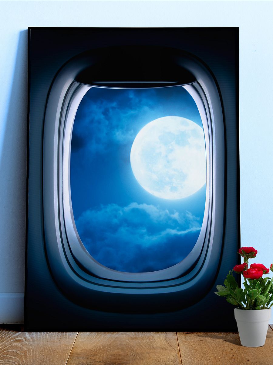 Airplane porthole/window and Moon — Photo paper glossy poster. Space poster, space print, travel gift product image (1)