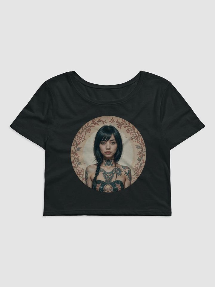 A woman with tattoos on her chest and arms, framed by a floral design product image (3)