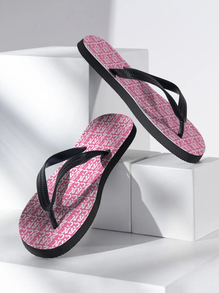 BOURNE to Flip Flop™ | Cape Cod Vibes for Your Soles | Mini BRN.2C.C. Logo Repeat Sandals | White Logo on Brilliant Rose product image (1)