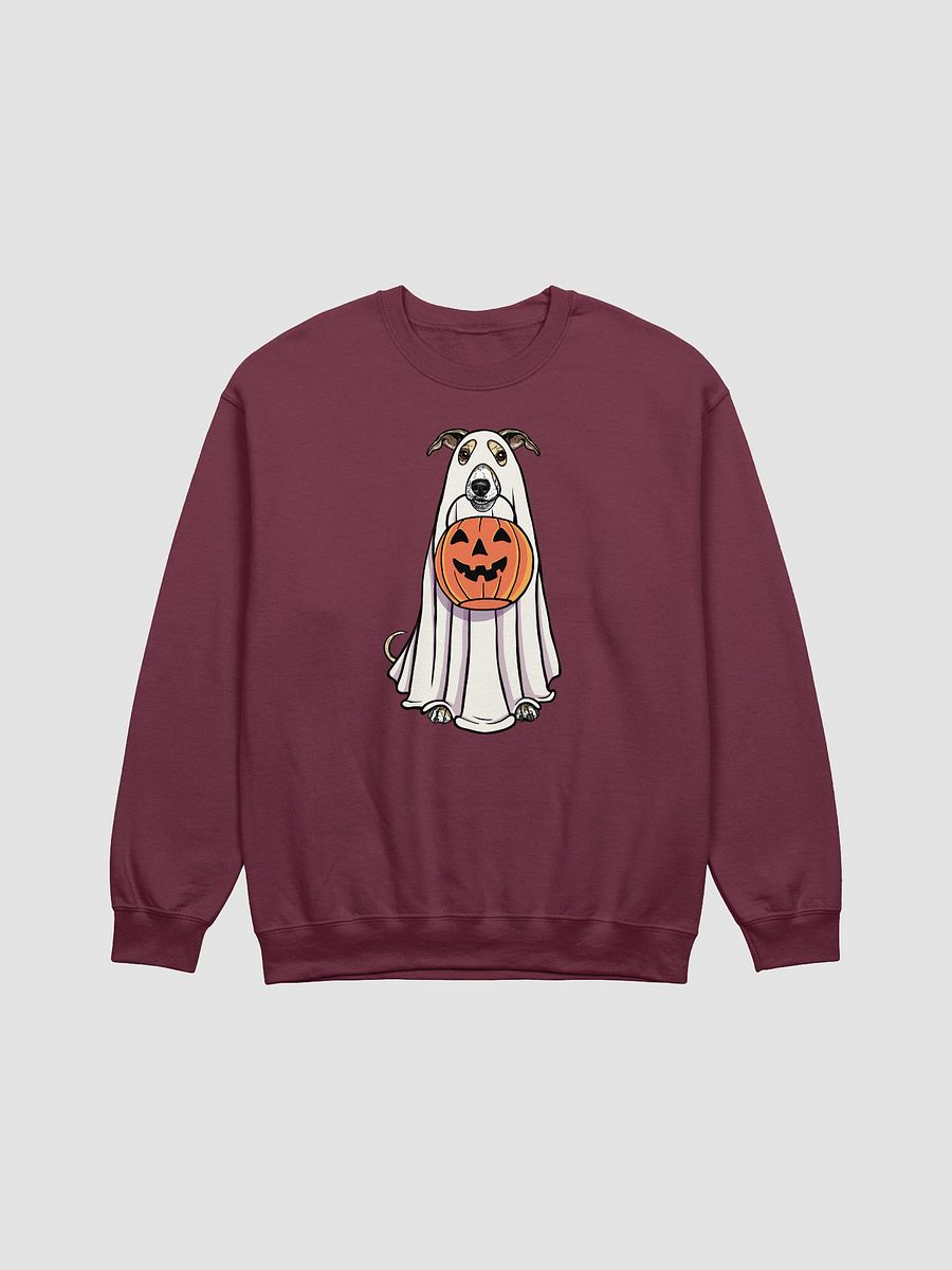 Funny Halloween Whippet(Fawn & White) Sweatshirt | Funny Dog Wearing a Ghost Costume and Holding a Pumpkin Basket product image (12)