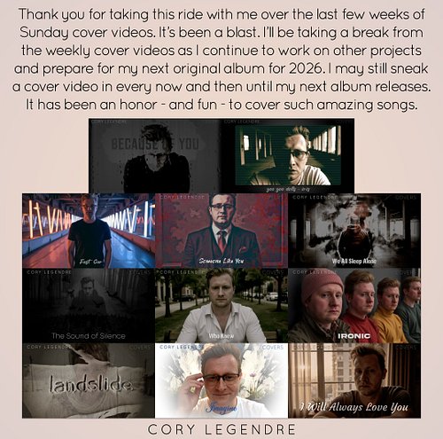 I've enjoyed the ride of the weekly cover song videos on YouTube and I hope you have too. I'll be taking time to focus on Vel...