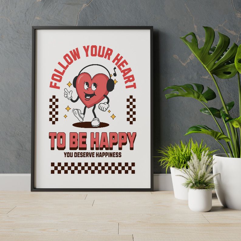Follow Your Heart Happiness Quote & Vintage Heart Mascot Retro Art Print product image (6)