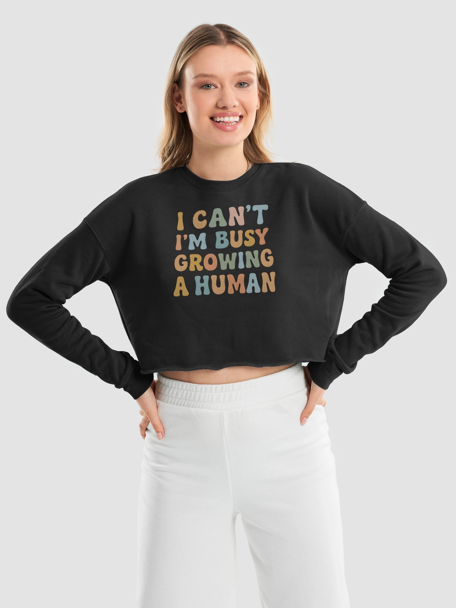 Funny Maternity Crop Top – “I Can’t I’m Busy Growing a Human” Pregnancy Quote Shirt product image (9)