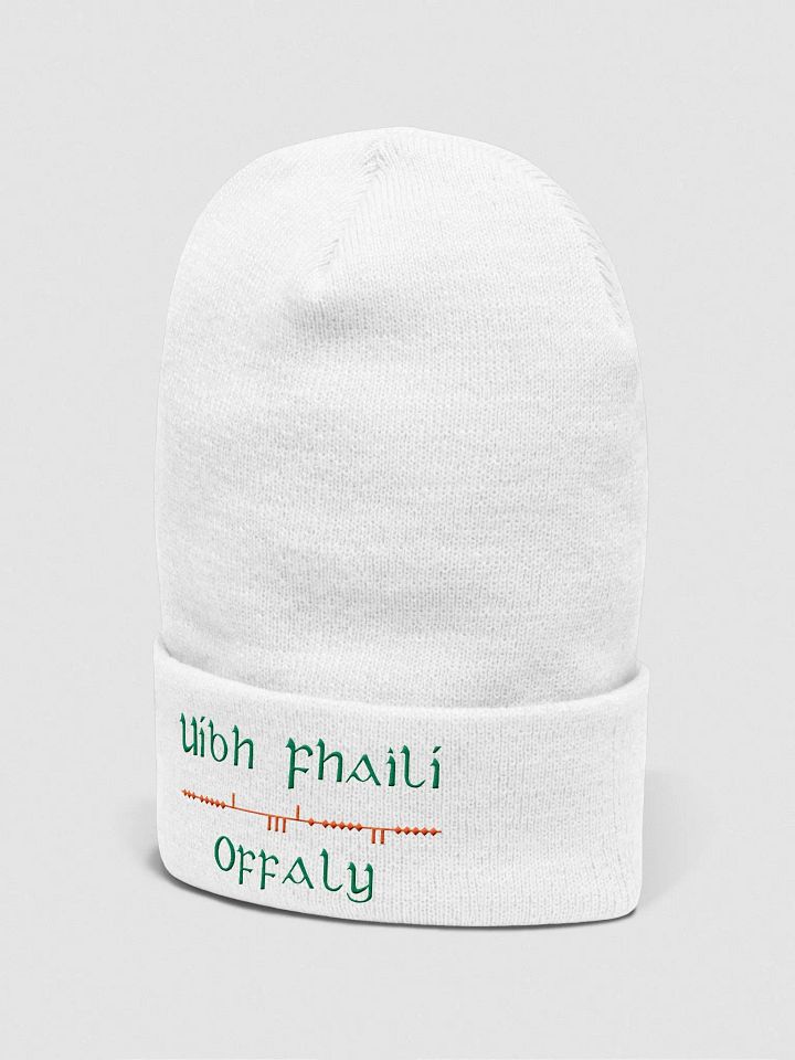 Offaly/Uíbh Fhailí Scholastic style Ogham, white with green and orange, embroidered Cuffed Beanie product image (2)