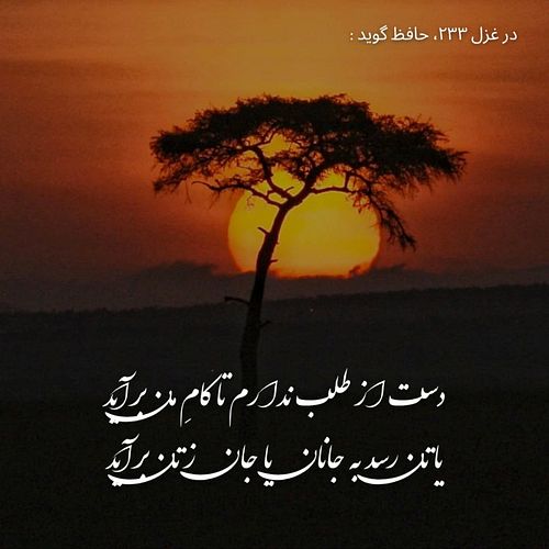 .
🔹در غزل ۲۳۳، حافظ گوید:
 
دست از طلب ندارم تا کامِ من برآید
یا تن رسد به جانان یا جان ز تن برآید

بگشای تربتم را بعد از وفا...