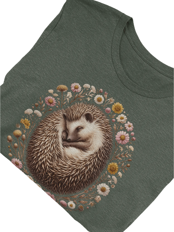 Sleeping Hedgehog T-Shirt, Cute Woodland Animal Tee, Floral Hedgehog Nature Shirt, Wildlife Lover Gift, Cozy Forest-Inspired Unisex T-shirt product image (2)