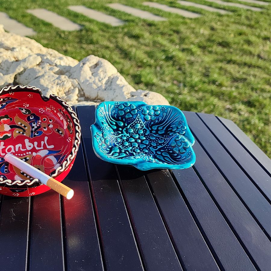 Ceramic turquoise ashtray, square - Turkish Iznik Style Decor, 10 cm — handmade pottery product image (5)