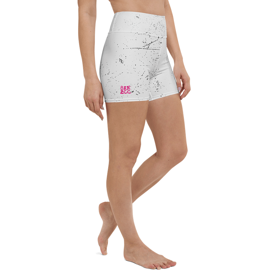 All-Over Print Yoga Shorts | with Inside Pocket | BRN.2C.C.™ | Coastal-Inspired Activewear | Vibrant Pink Logo on Distressed White product image (3)