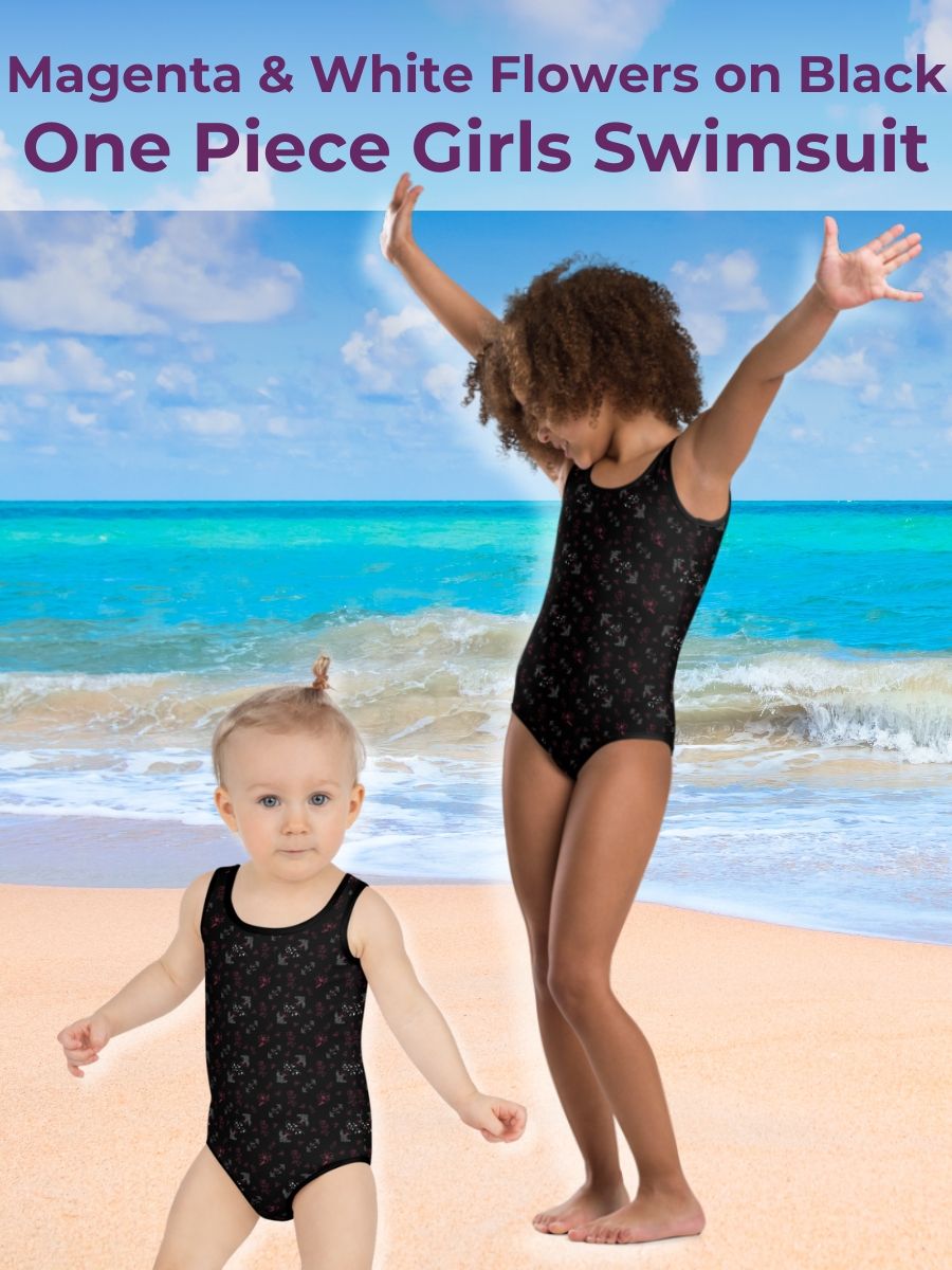 Cute Magenta and White Flowers on Black One-Piece Girls Swimsuit product image (1)