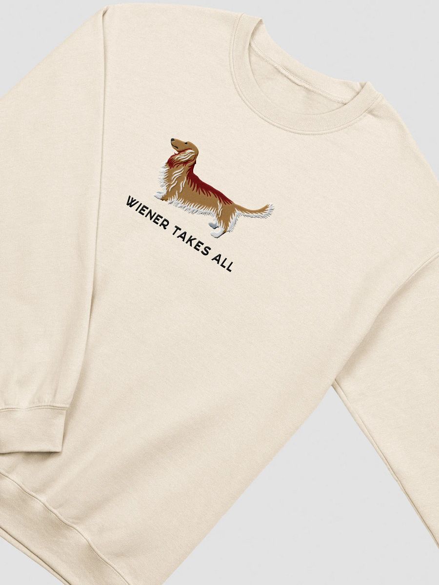 Wiener Takes All Sweatshirt (Embroidered) of a Longhaired Dachshund(Tan) product image (15)