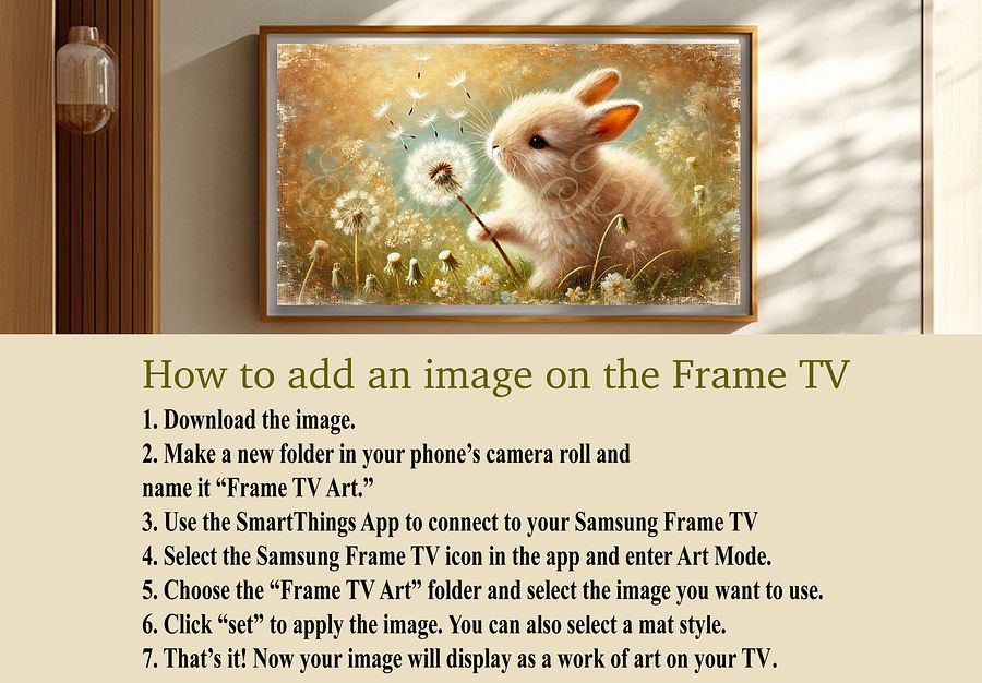 Samsung Frame TV Art, Neutral Spring Easter Bunny Dandelion Painting, Digital Download product image (4)