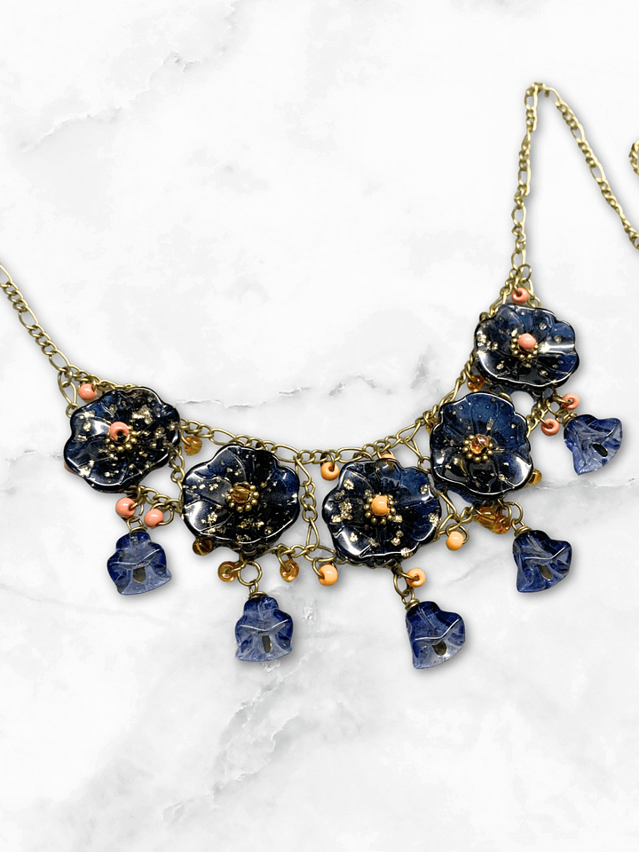 Beaded Glass Floral Statement Necklace on Chain - Blue product image (2)
