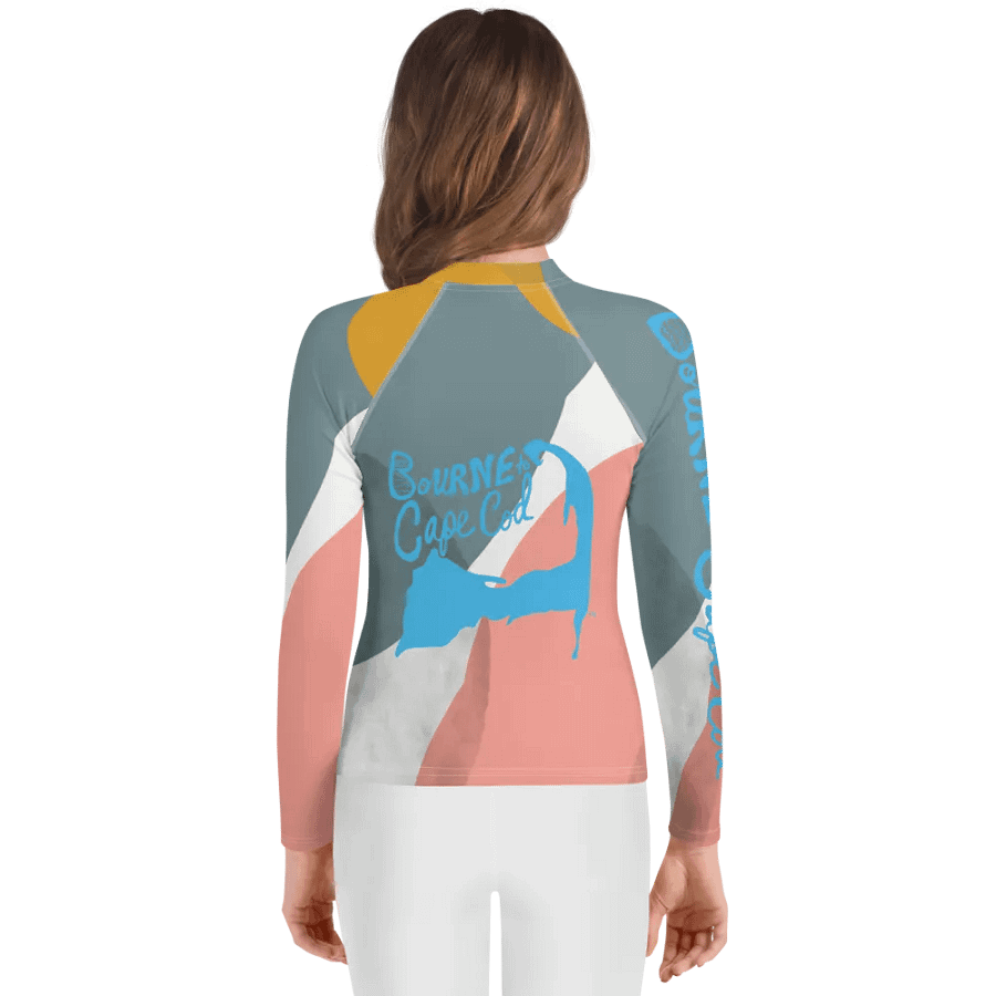 Girls' | YOUTH | Rash Guard | BRN.2C.C.™ Front Graphic | BOURNE to Cape Cod™ Sleeve & Back Logo | Coastal Swim Shirt for Kids | UV Protection Activewear | Blue Logo | Abstract Pastels product image (2)