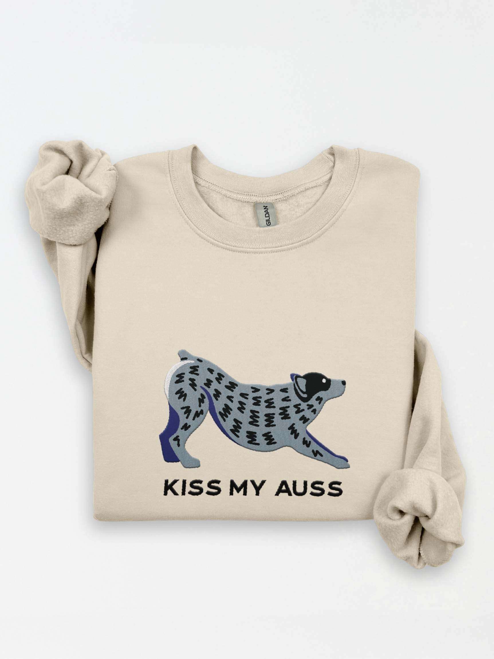 Kiss My Auss Sweatshirt (Embroidered) of an Australian Cattle Dog(Blue Heeler, Docked Tail) product image (1)