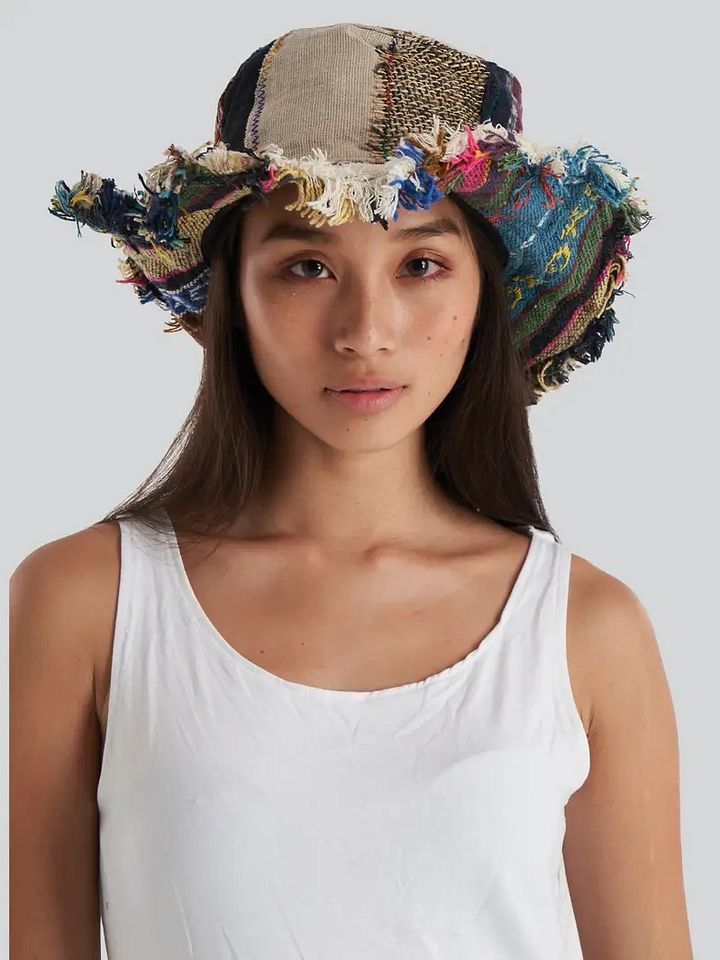 Wide-Brim Hemp & Cotton Patchwork Hat product image (1)