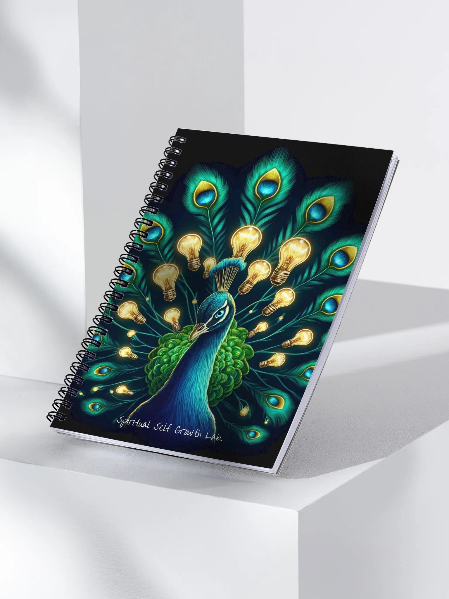 "Bloom of Ideas" – Illuminated Peacock Feather Journal for Spiritual Growth and Inspired Reflection Black ♡ product image (3)