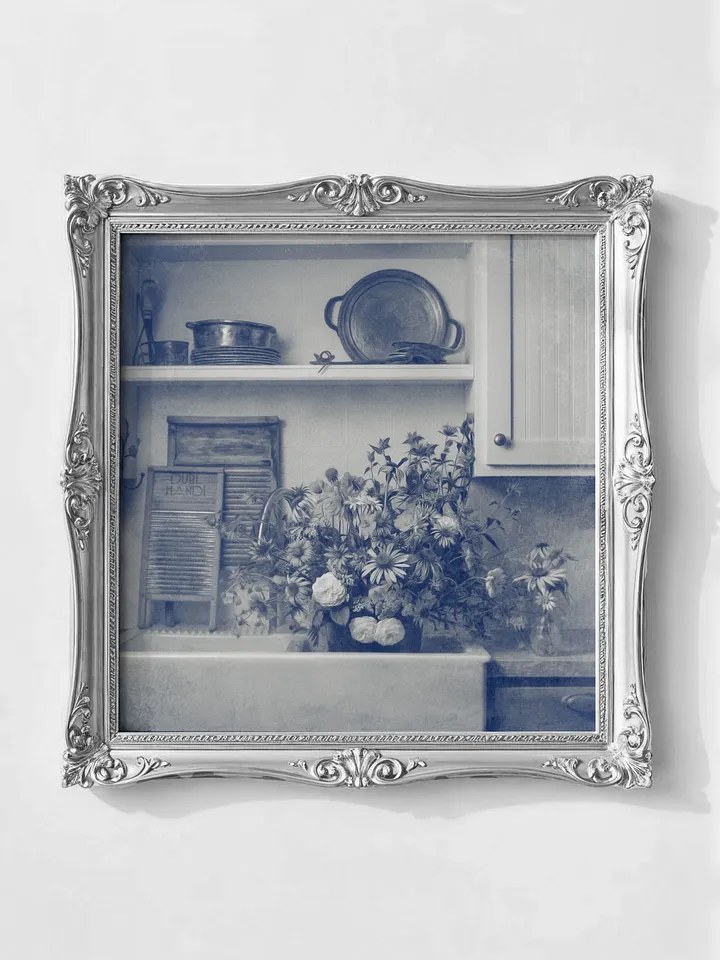 Flowers in Farmhouse Sink, Vintage Blue Monochrome Square (Printable) product image (1)