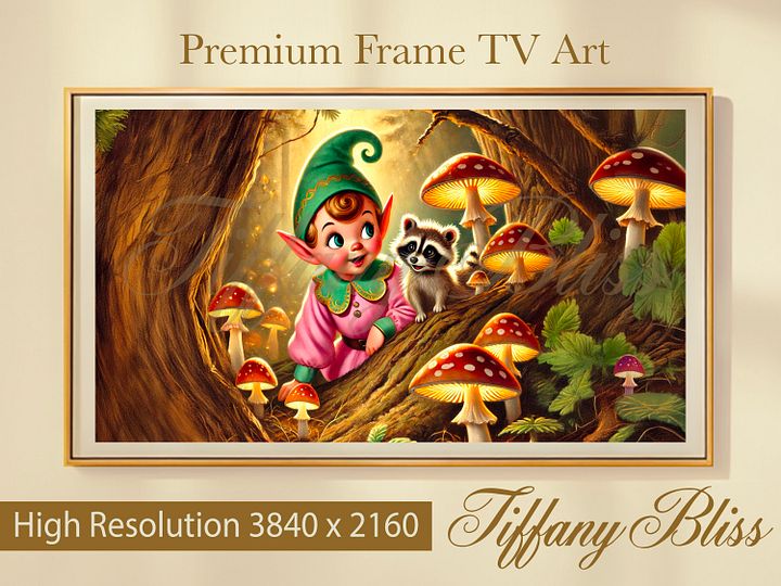 Spring Samsung Frame TV Art, Forest Elf with Raccoon, Woodland, Retro Art for TV product image (1)
