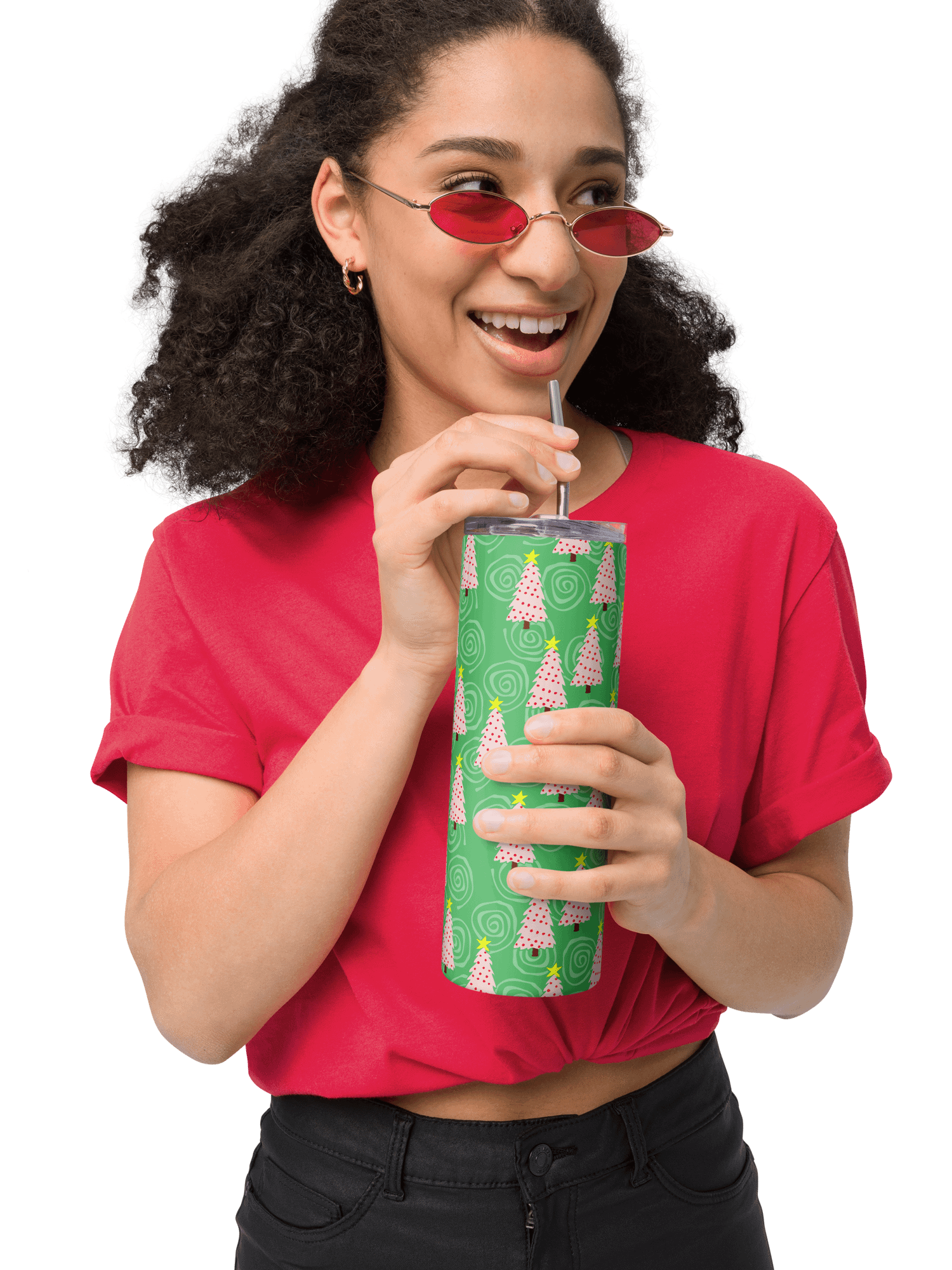 Pink Christmas Trees on Green Spirals Stainless Steel Tumbler with Straw product image (7)