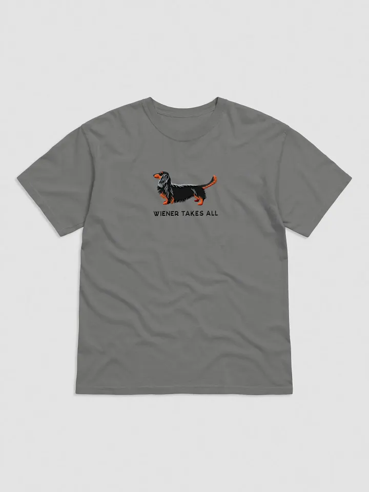 Wiener Takes All T-Shirt(Embroidered) of a Longhaired Dachshund(Black & Tan) product image (1)
