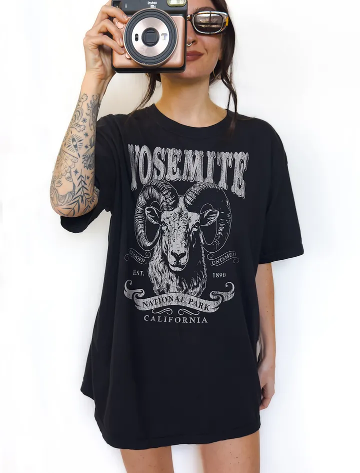 Yosemite National Park, California T-Shirt | Vintage-Style Grunge Western Tee with a Bighorn Sheep Head product image (1)