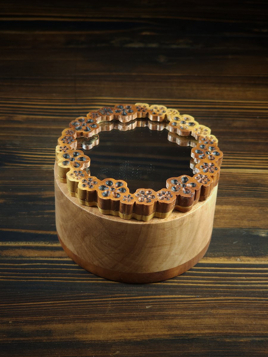 Handcrafted Cylindrical Wooden Box with Mirror Lid – Floral Carved Design product image (1)