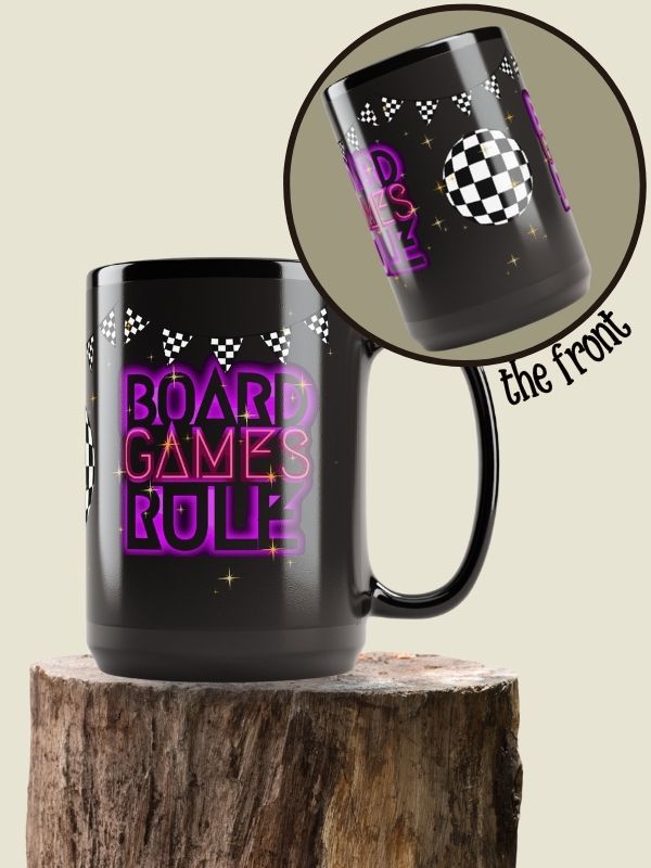 90s Neon Checkerboard Disco Board Game Mug, Purple Pink Black white large 15 oz. mug, Board Games Rule product image (1)