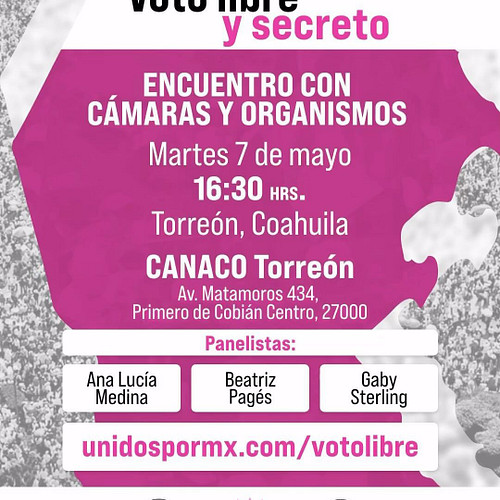 Atención #Torreón nos vemos el martes 7 de Mayo a las 16:30hrs en un encuentro con Cámaras y Organismos, CANACO, Torreón.
VOT...