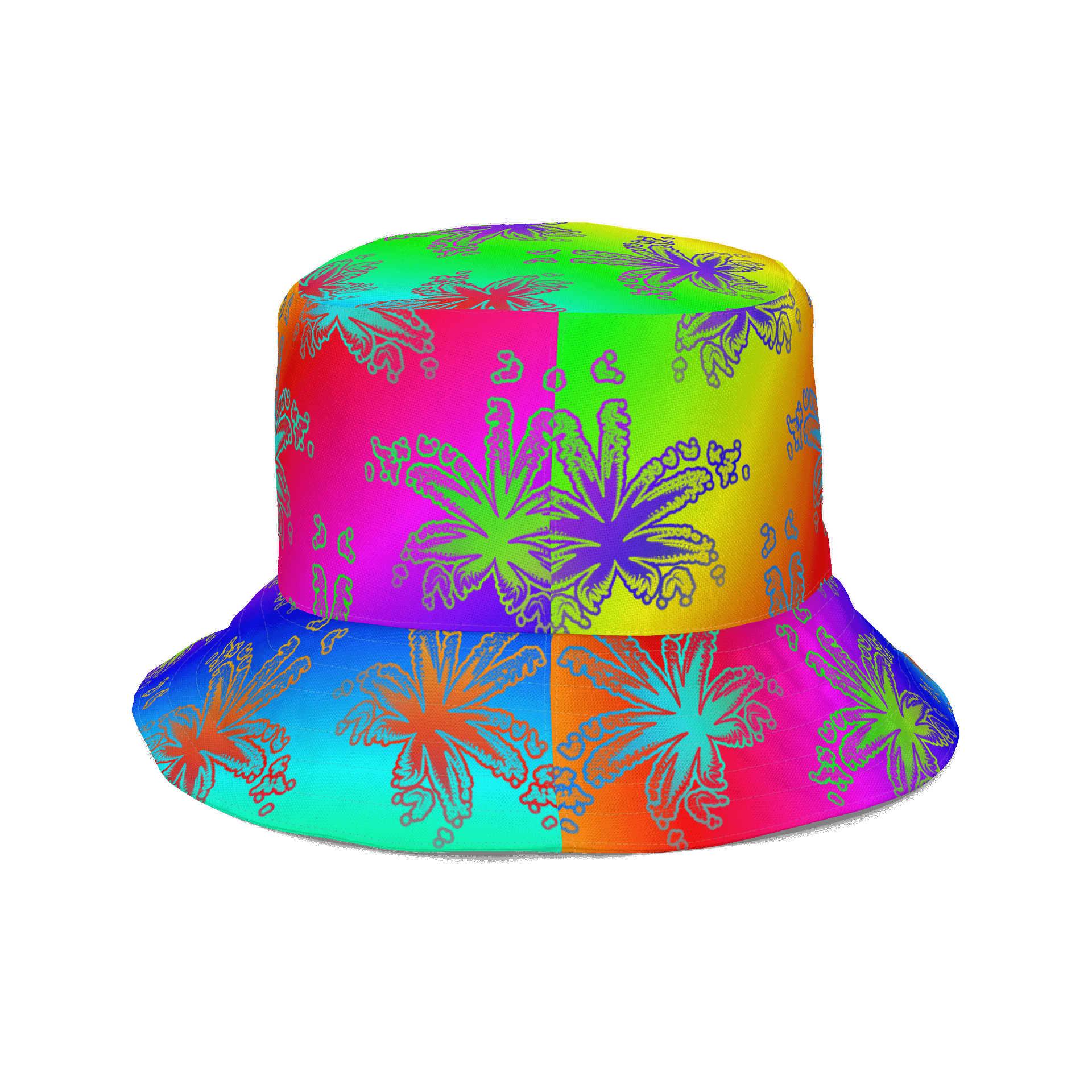 Rad Rainbow Reefer Reversible Bucket Hat, Happy Pride Pot Leaf Pattern Fashion Accessory, Colorful Queer Twisted Weed Leaves LGBTQIA+ Art product image (8)