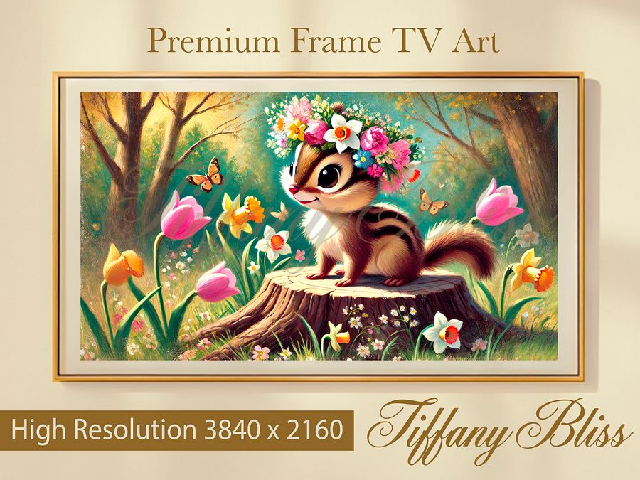 Spring Samsung Frame TV Art, Chipmunk Floral Crown Painting, Wallpaper, Screensaver, Digital Download product image (1)