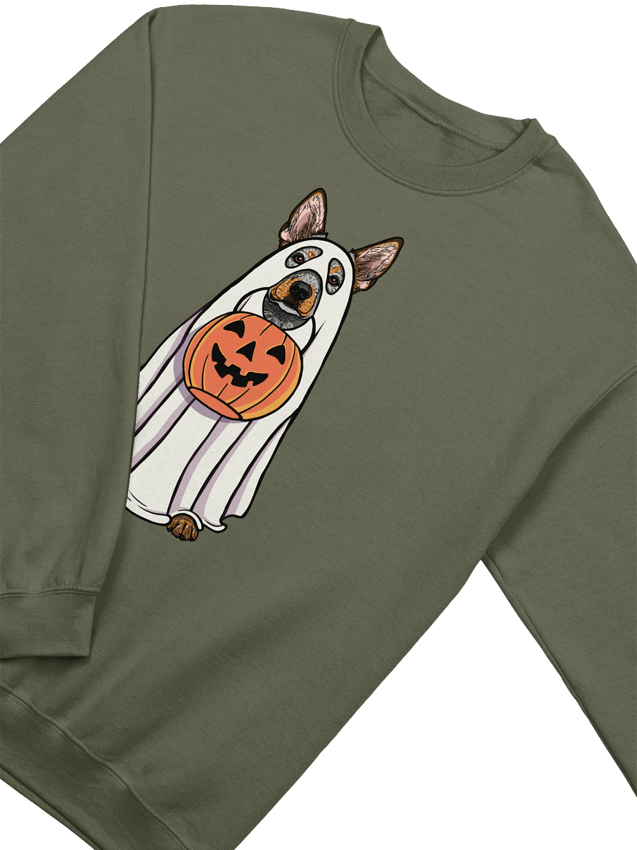 Funny Halloween Australian Cattle Dog Sweatshirt | Funny Blue Heeler Wearing a Ghost Costume and Holding a Pumpkin Basket product image (18)