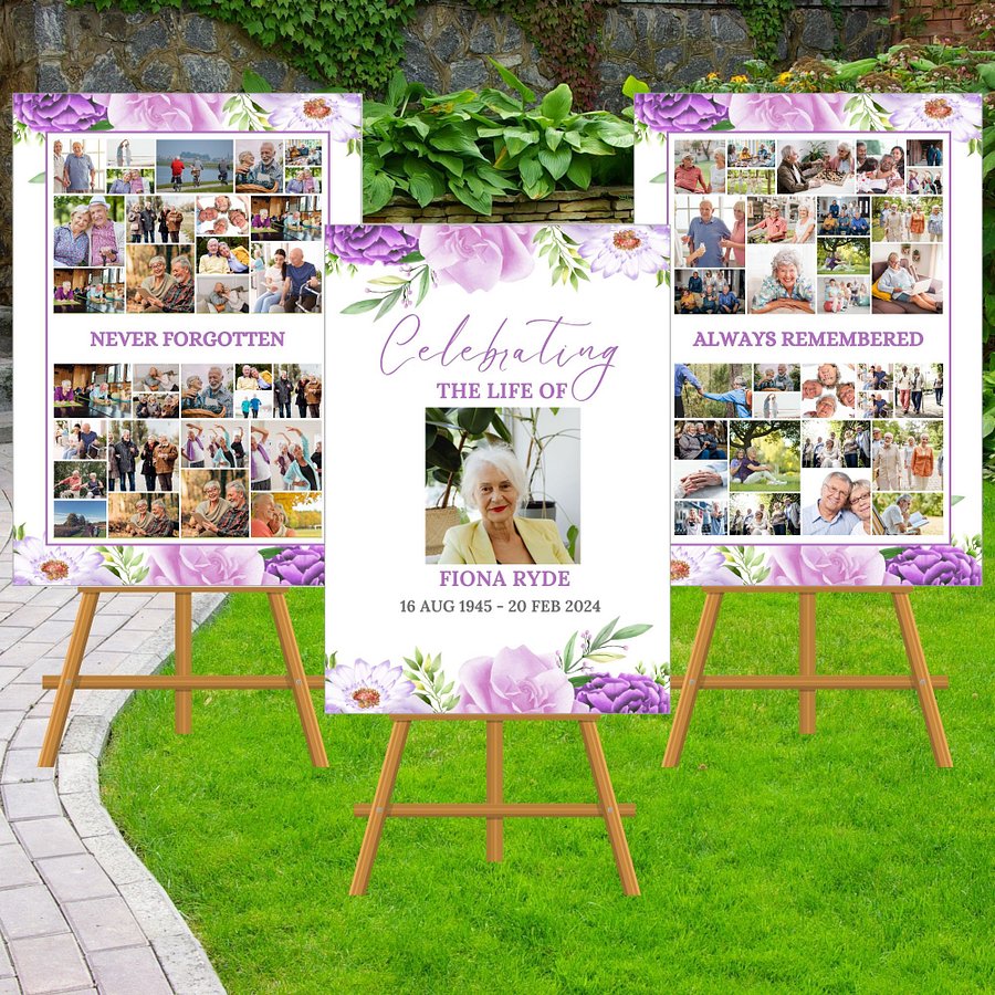 Purple Pink Flowers Funeral Photo Collage Sign Set Canva Template product image (2)