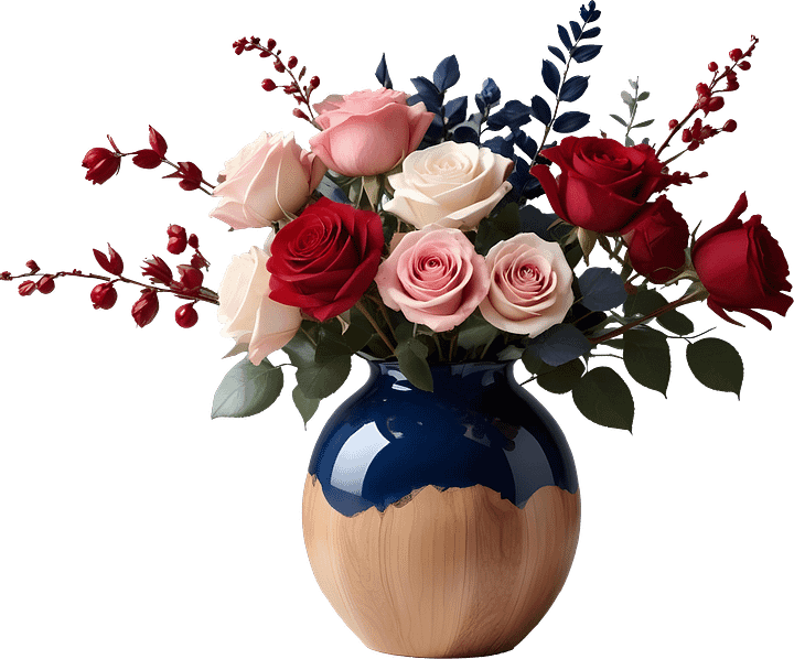 Blue and Natural Wood Vase with Romantic Rose Bouquet PNG product image (1)