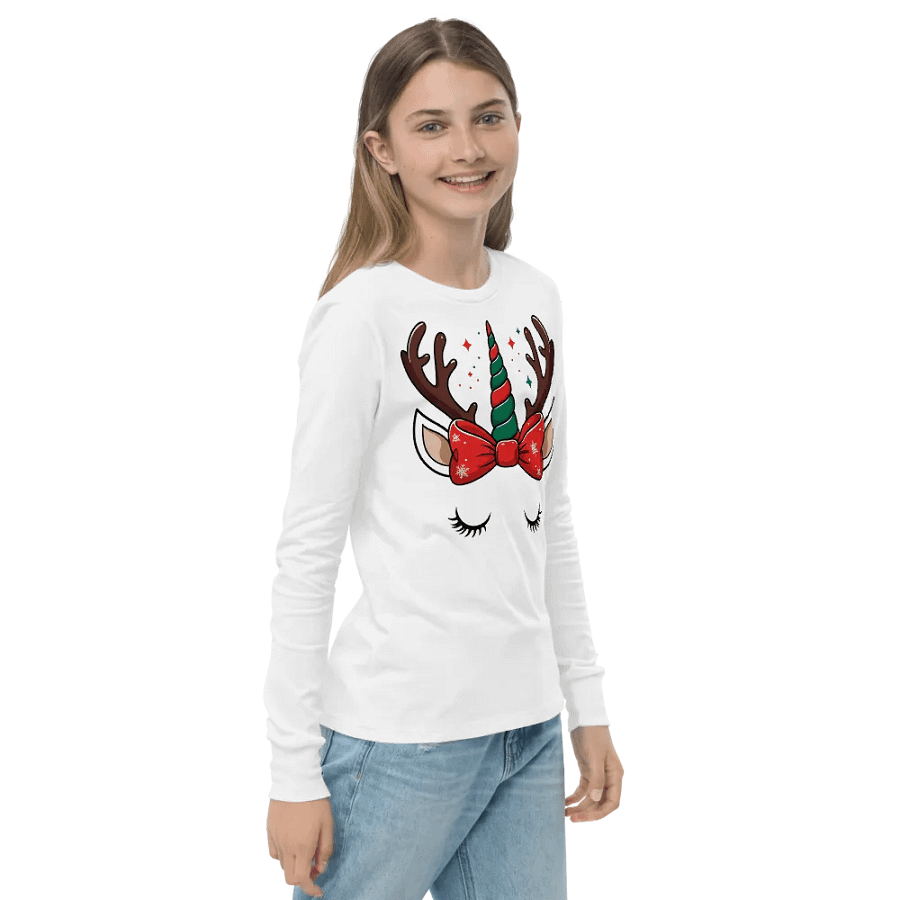 Whimsical Reindeer Unicorn Youth Long Sleeve Tee White product image (4)