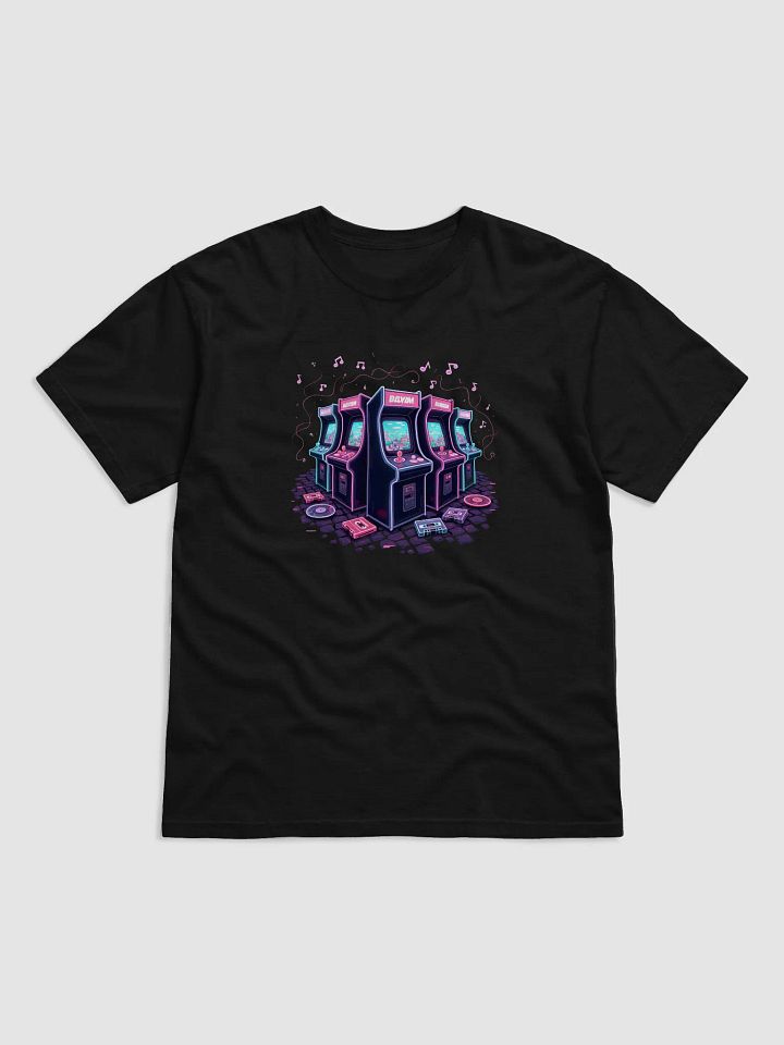 Step into the Electric Dreamscape: Retro Arcade Machines with Neon Musical Notes T-Shirt - A Timeless Fusion of Gaming Nostalgia and Melodic Magic on Fourthwall product image (1)