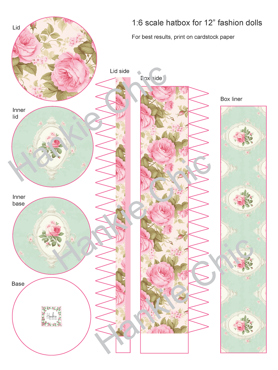 1:6 scale printable PDF hatboxes for 12" fashion dolls product image (7)
