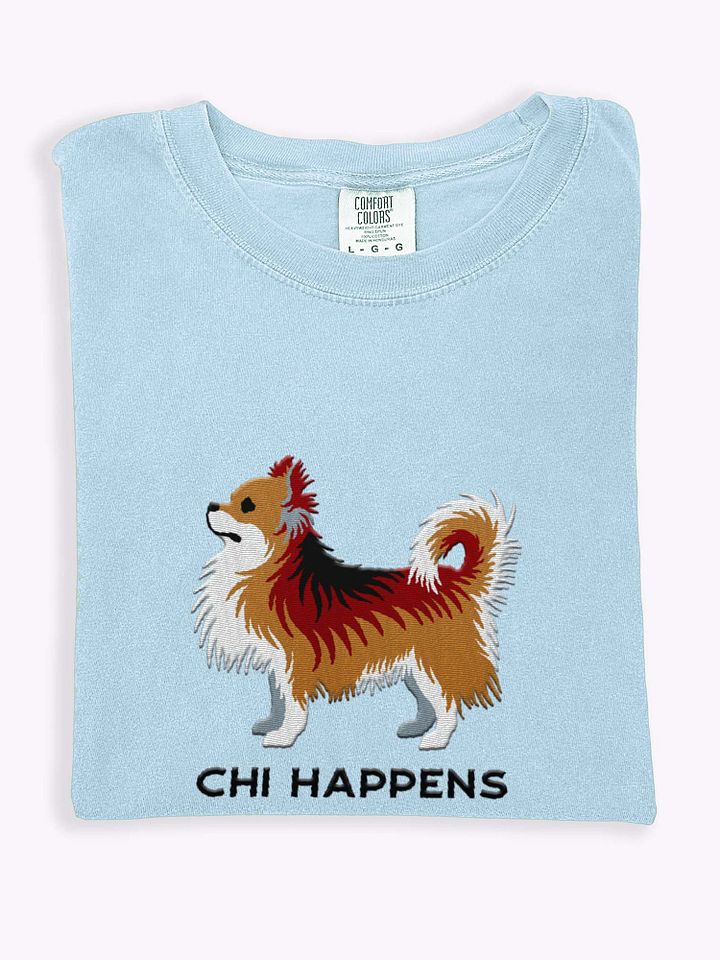 Chi Happens T-Shirt(Embroidered) of a Longhaired Chihuahua(Sable) product image (1)
