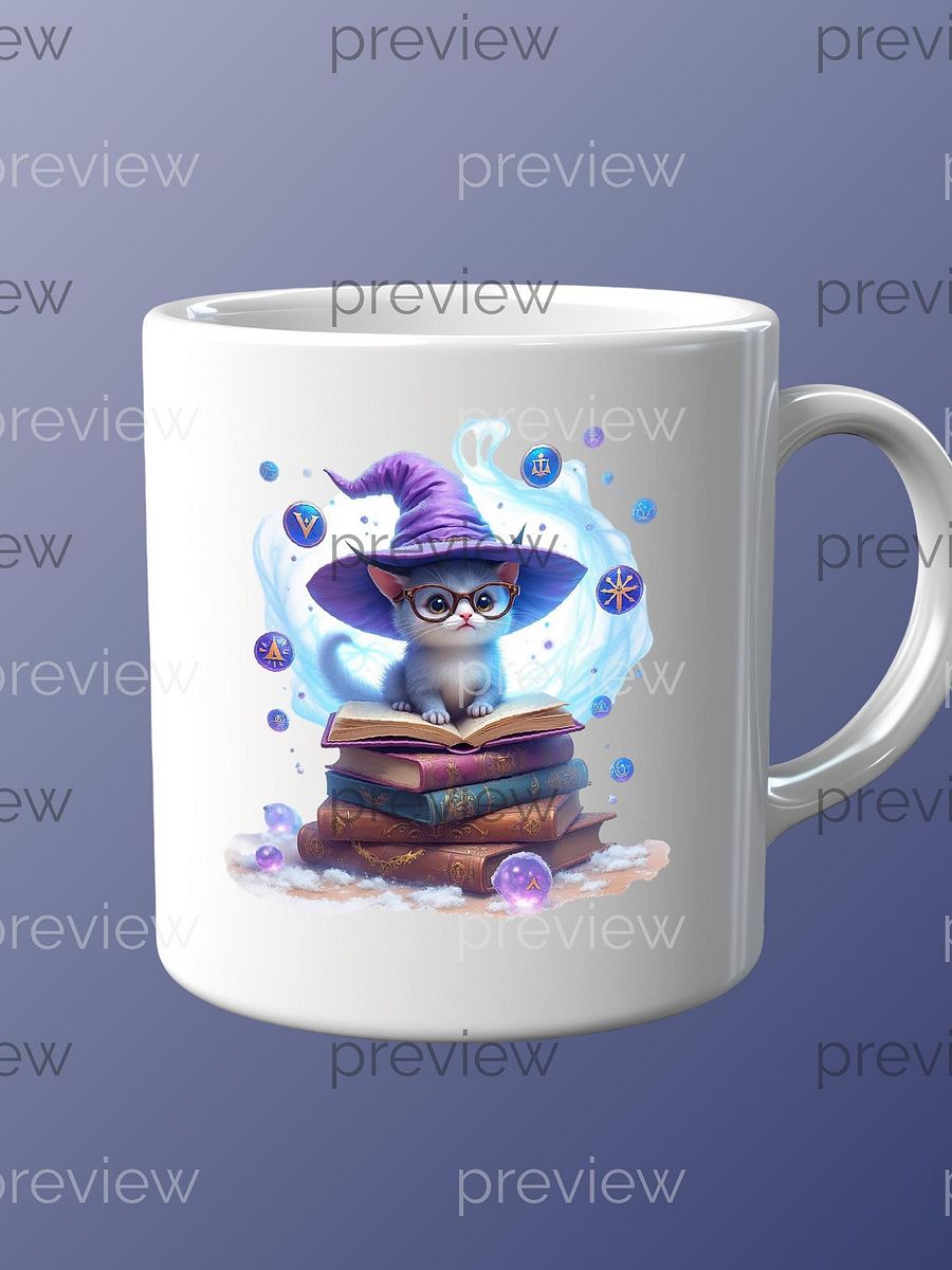 Book Lover Kitten Wizard Clipart - Adorable Blue Fur Cat with Wizard Hat and Glasses, Magical Scholar Theme for Instant Download POD, 300DPI product image (2)