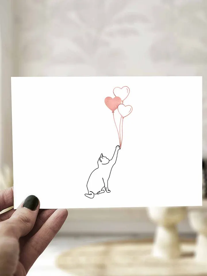 Minimalist Valentine Card Couple's Cat and Heart Balloons product image (1)