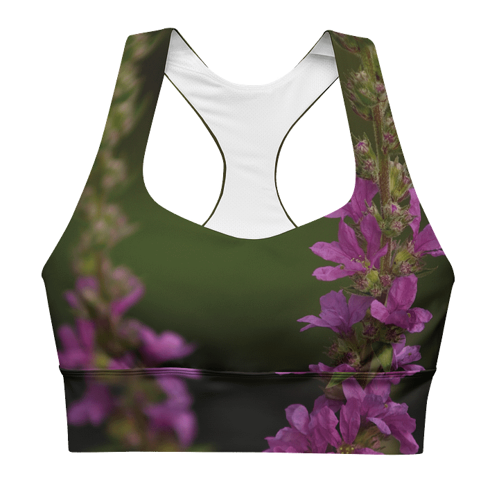 Longline-Sport-BH aus recyceltem Material - Violette Blüten vor dunklem Hintergrund product image (1)