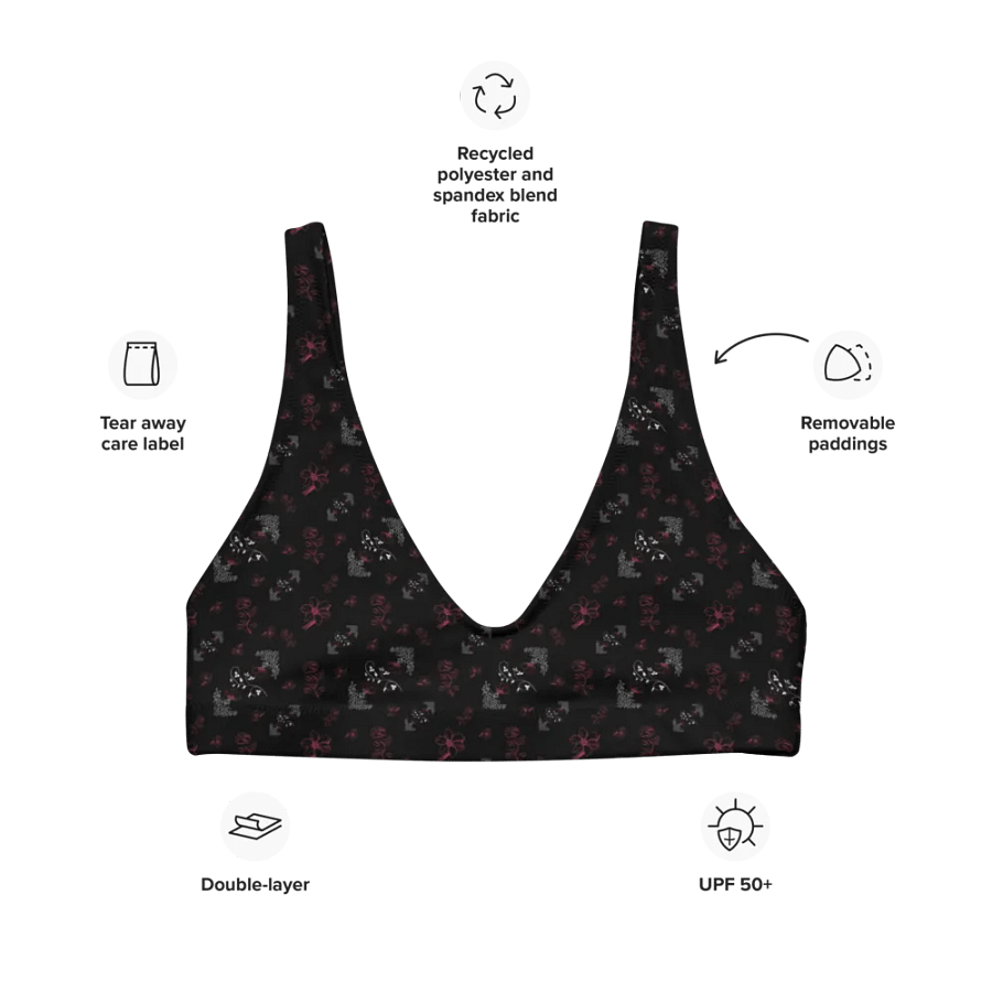 Magenta and White Flowers on Black Eco-Green Padded Bikini Top product image (7)