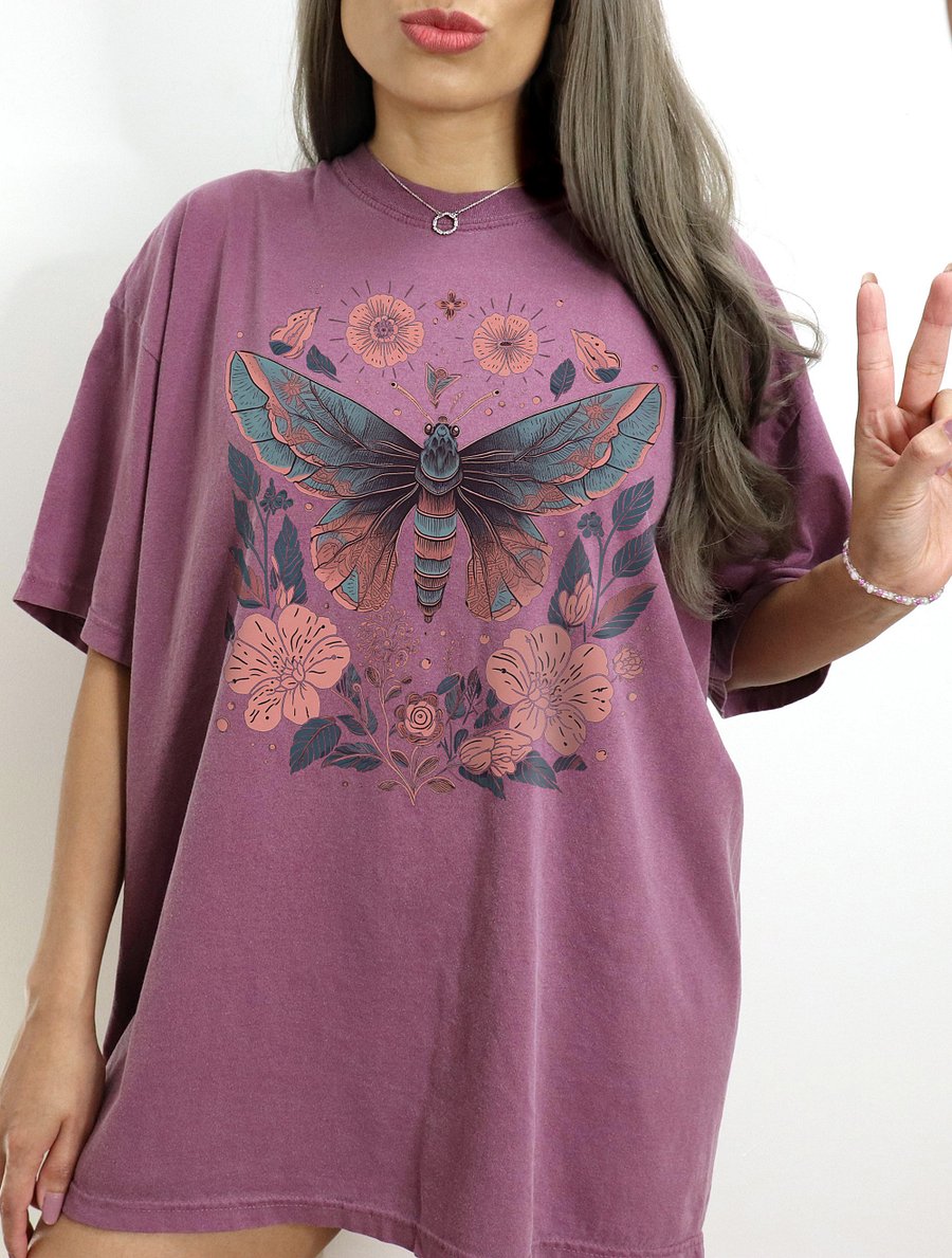 Luna Moth and Floral Elements Cottagecore Aesthetic T-Shirt | Cottagecore, Forestcore, Fairycore, & Goblincore Shirt Design product image (1)