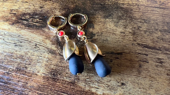 Earrings - Vintage Coral Glass Beads, Brass Flower Buds, and Matte Black Onyx - Hand-made by JB product image (1)