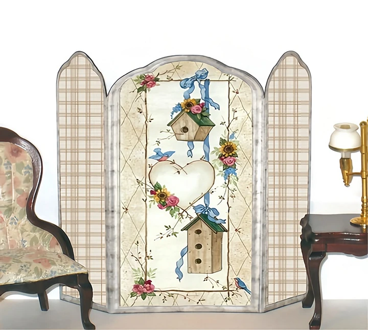 Bluebirds Roses and Birdhouses Handmade Dollhouse Room Screen Miniature 1:12 Scale NO08 product image (1)