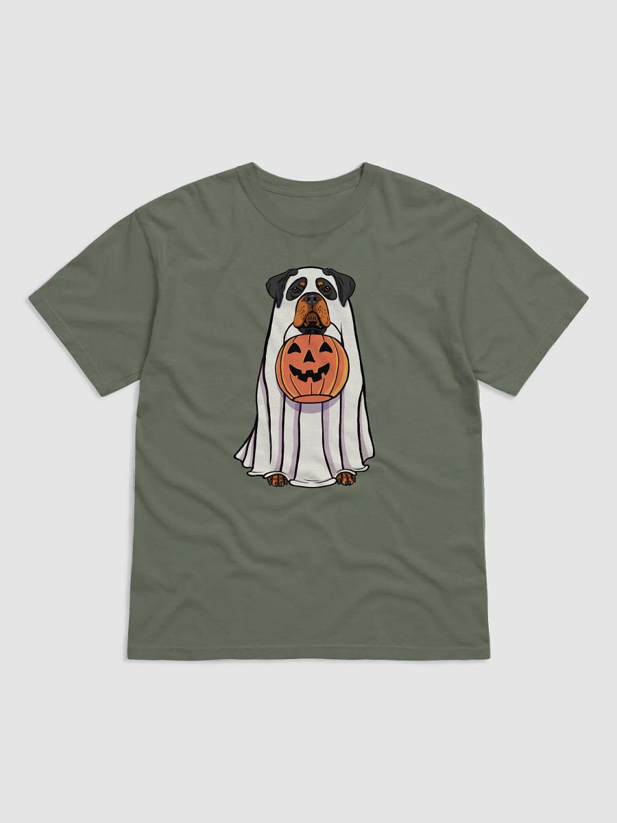 Funny Halloween Rottweiler T-Shirt | Funny Rottie Wearing a Ghost Costume and Holding a Pumpkin Basket product image (4)