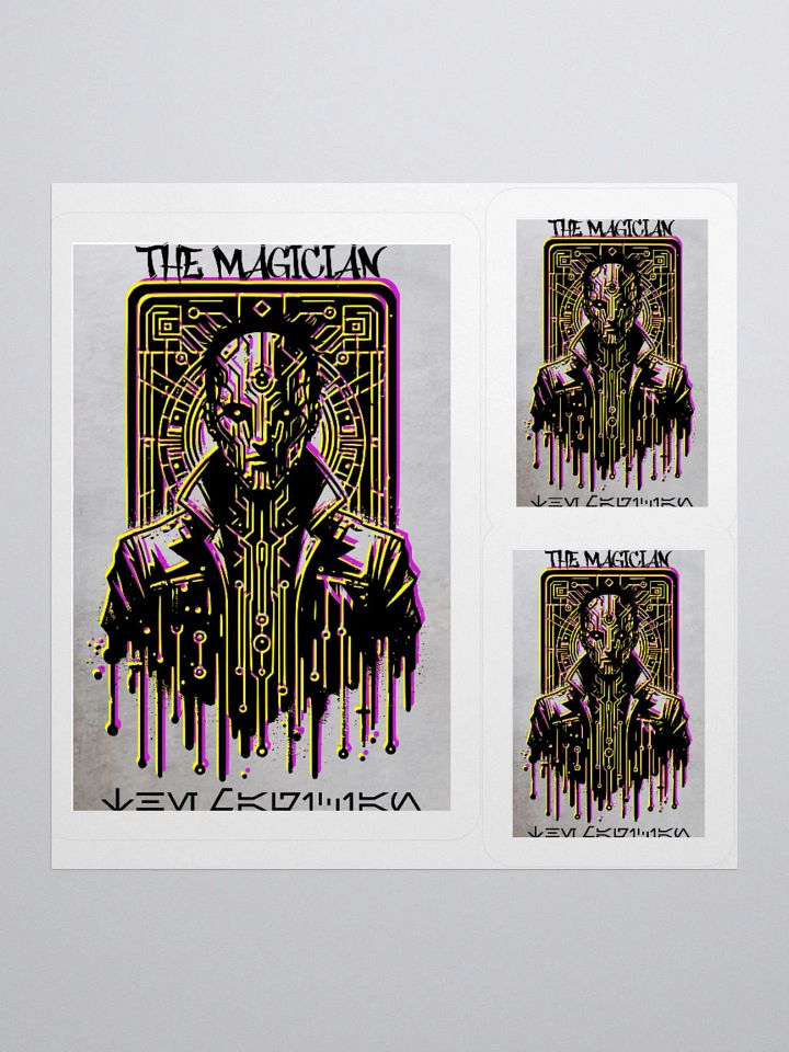 Cyberpunk Tarot Sticker – "The Magician" Card Cybernetic Character in Leather Coat – Futuristic Graffiti Stencil Art Vinyl Decal product image (1)
