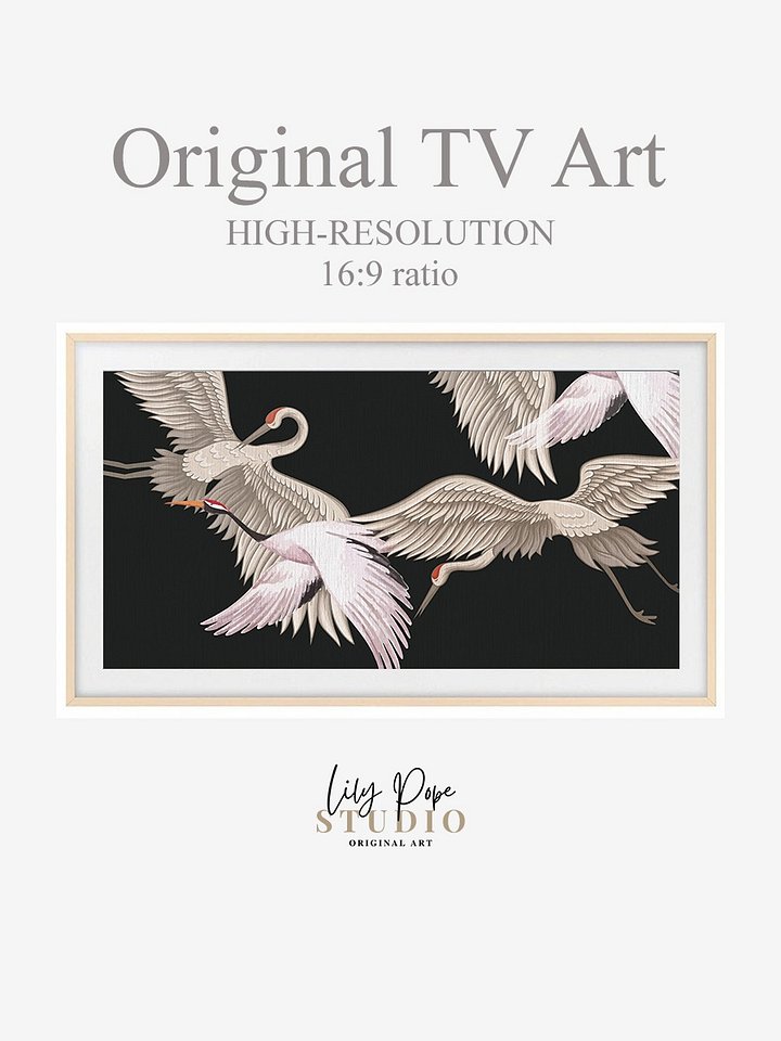 Samsung Frame TV Art Watercolor Japanese Flying Cranes Painting Screensaver Digital TV Background product image (2)