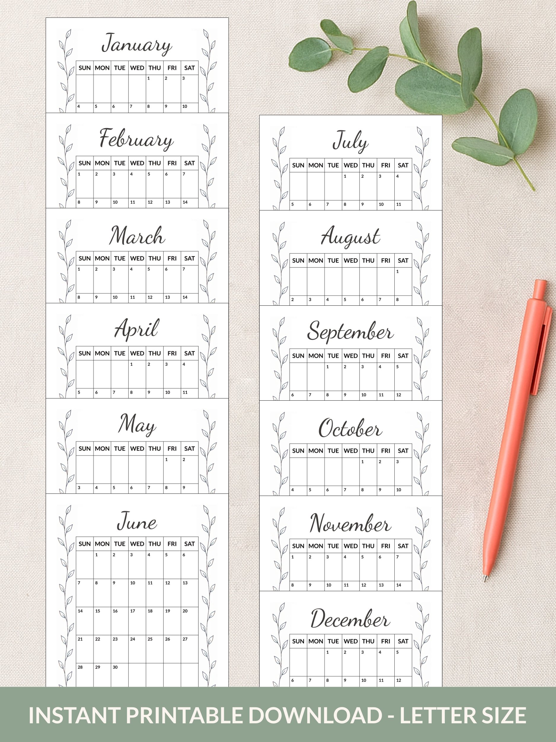 Printable 2026 Monthly Calendar With Leaves Border product image (3)