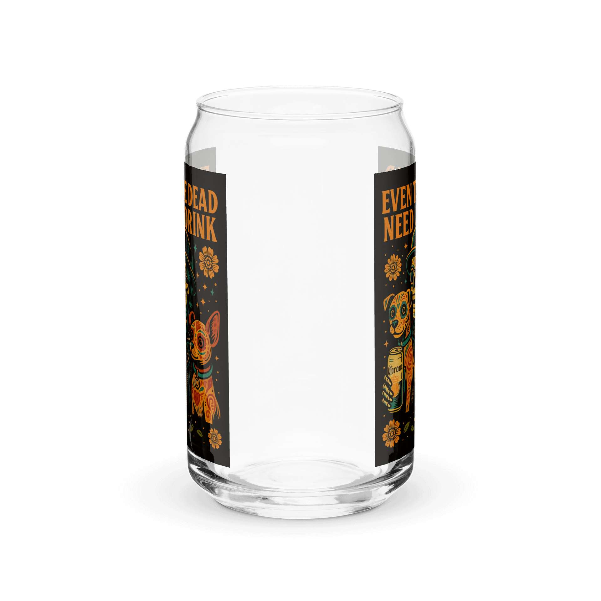 Mel’s Angels “Even the Dead Need a Drink” Can-Shaped Glass – Dia de los Muertos Dog Lover Barware, 16oz product image (3)