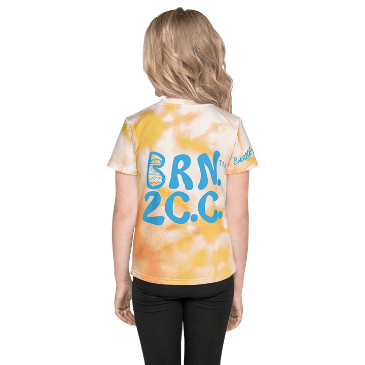 Girls' | Little Kids T-Shirt | BOURNE to Cape Cod™ | Front & Sleeve Logo | BRN.2C.C.™ Back Graphic | Vibrant Coastal Tee for Kids | Blue Logo on Orange Tie-Dye product image (2)